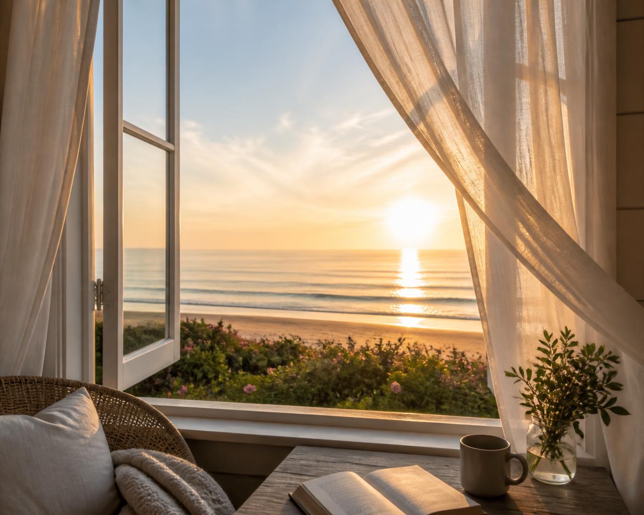 Sunrise over a calm beach seen through a cottage window — airy, natural morning light
