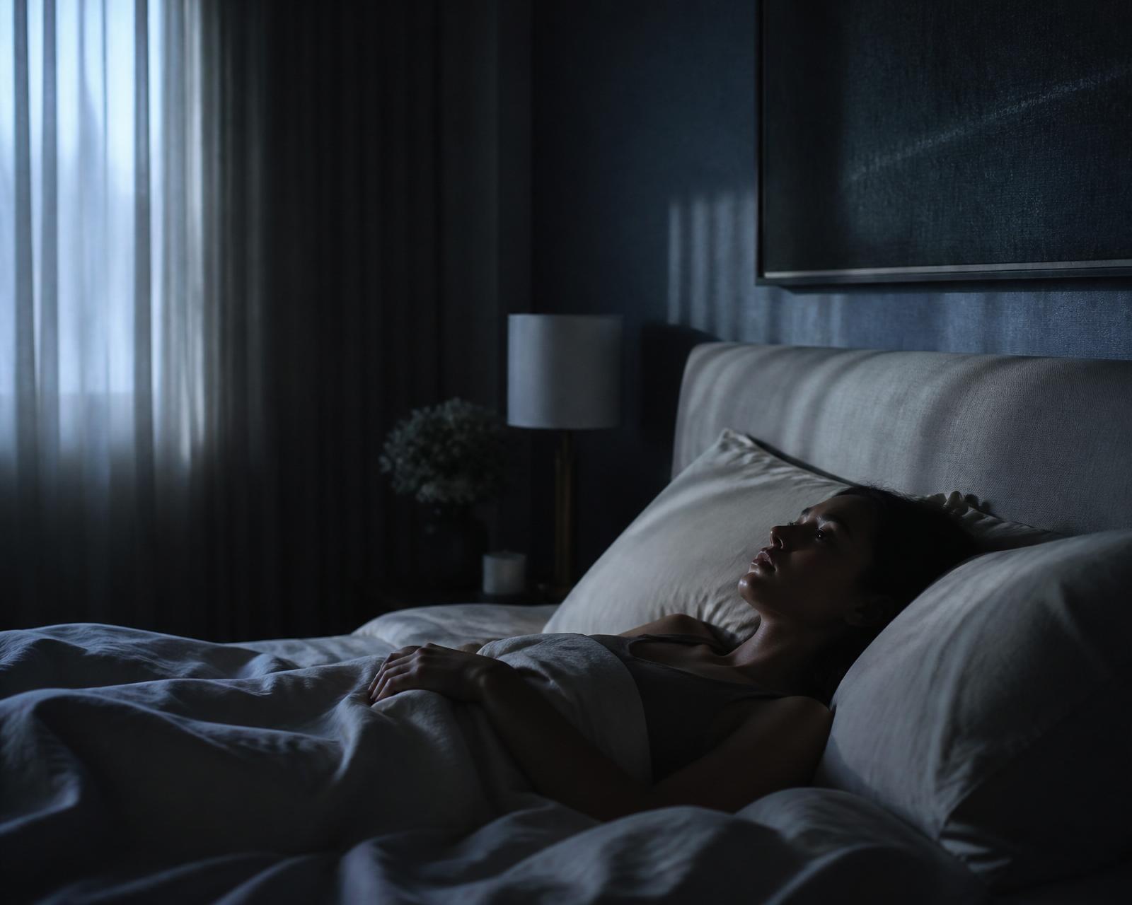 A person lying awake in a dim moonlit bedroom — the 3am stare at the ceiling